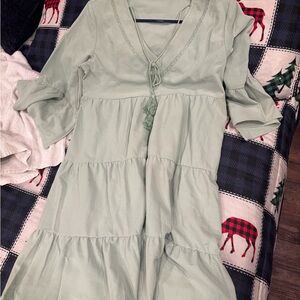 Chic Sage Tiered Dress with Tassel Detail